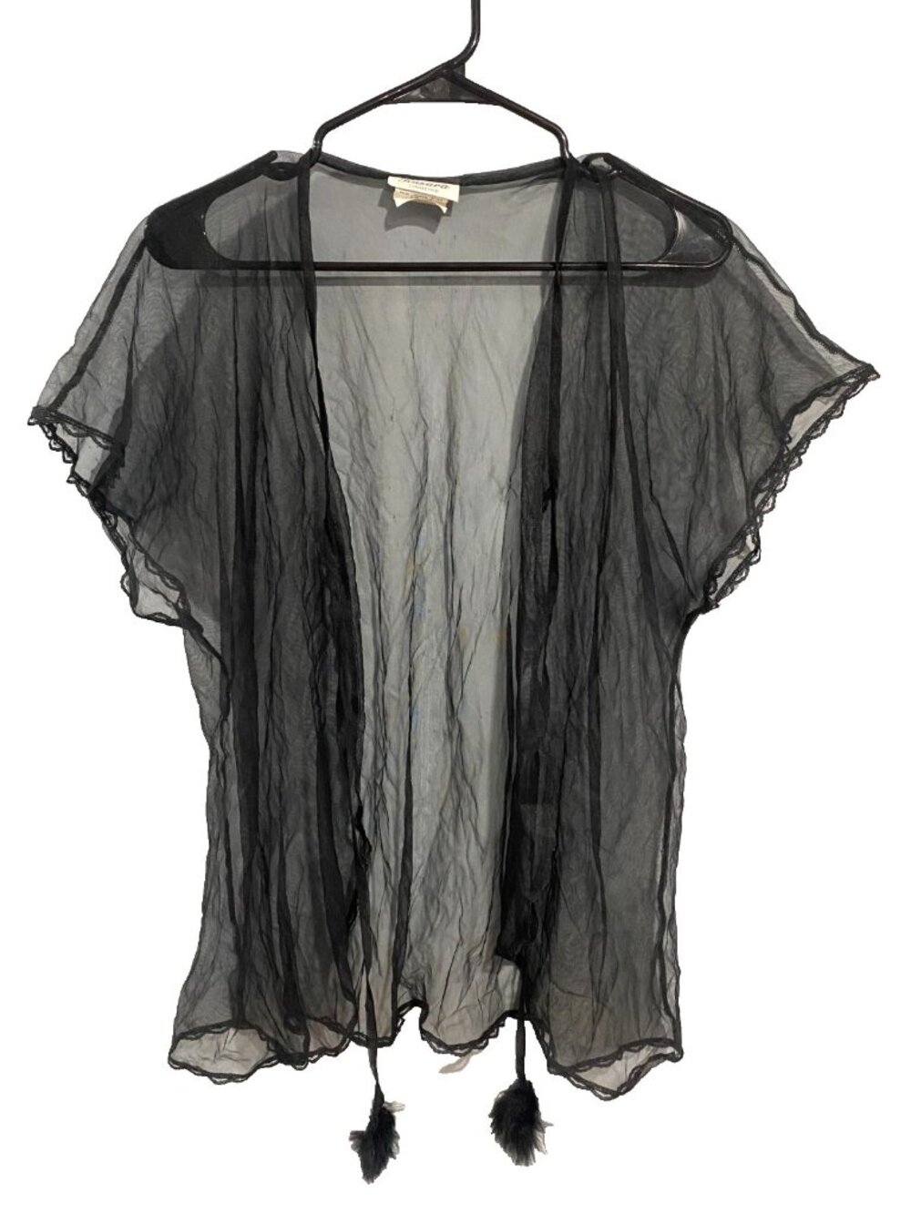 VTG ROMANTIC Sheer Mesh Pom Pom Robe Blk L Lingerie Coquette Boudoir Goth Femme